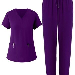 Purple Medical Scrub Set - V-Neck Top & Drawstring Pants